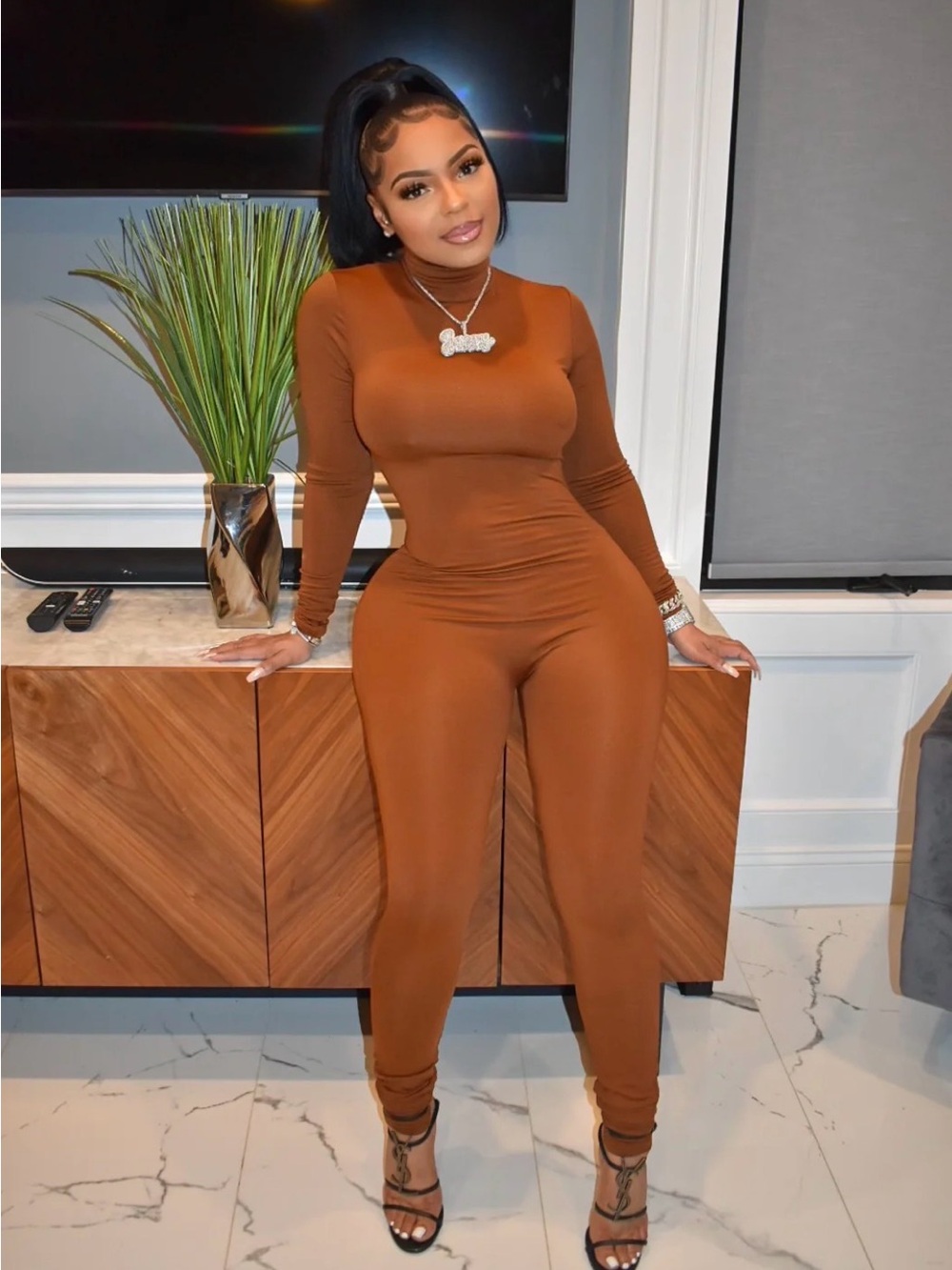 Women’s Long-Sleeve Brown Jumpsuit